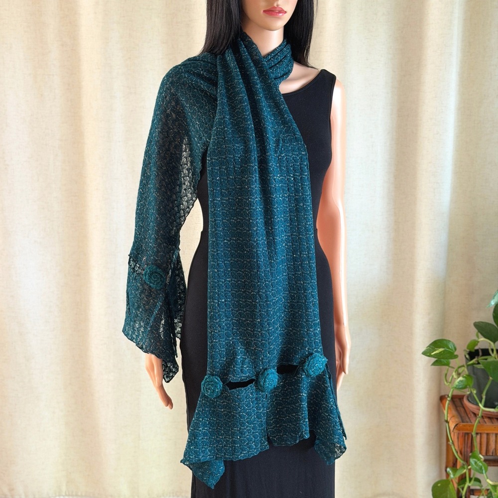 Teal Blue Metallic Crochet Knit Scarf Wool Blend Rosette Ruffle Wrap Shawl Boho